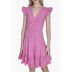 Eliza J Women's Ruched Bodice Ruffle Sleeve Mini Dress Pink Embroidery Size 6